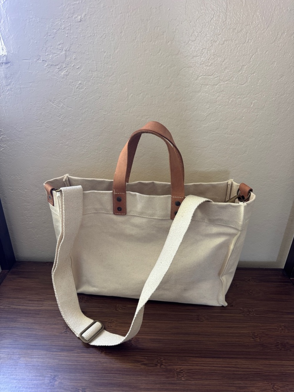 Cream Canvas Messenger Bag with Brown Leather Handles - Picture 6 of 6
